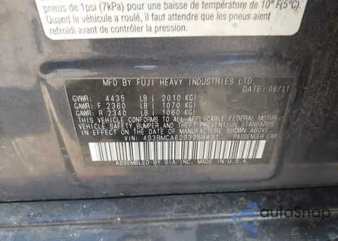 2011 Subaru Legacy 2.5I z USA, uszkodzony, nr VIN 4S3BMCA60B3259431